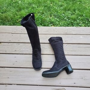 Vintage 90s y2k Bratz Black Faux Suede Vegan Square Toe Chunky Heel Sock Boots